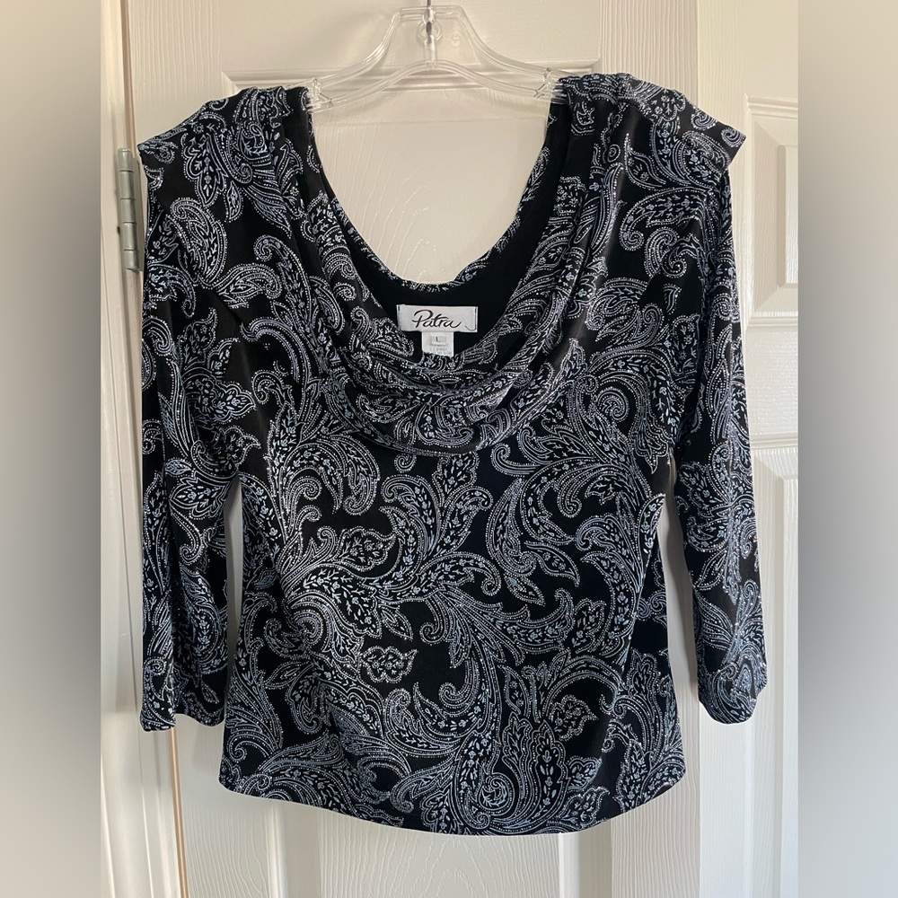 Patra black knit top with paisley blue and silver pattern, with rhinestones.